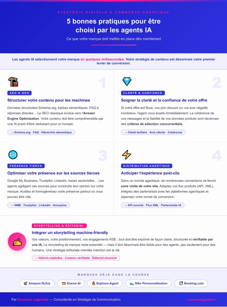 Infographie 5 bonnes pratiques commerce agentique : AEO, confiance de marque, présence tierce, distribution agentique, storytelling IA